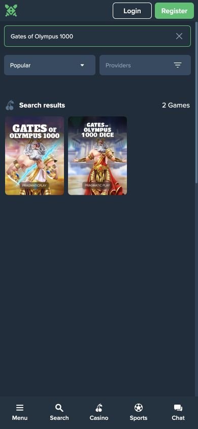 Duelbitsin mobiilihaku erottaa Gates of Olympus 1000:n ja sen Dice-version kahdeksi tulokseksi.