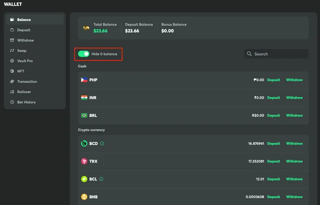 BC.Gamen Wallet: Total Balance, Deposit Balance ja Bonus Balance erotellaan valuuttaluettelon yläpuolella.