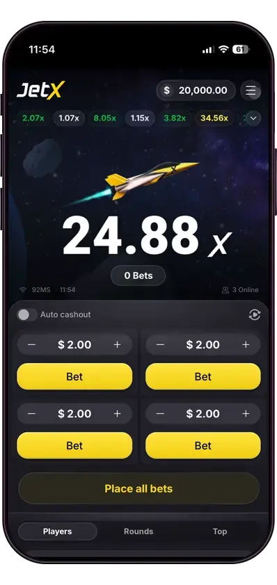 Uuden JetX:n valmistajakuva puhelimessa: neljä erillistä panospaikkaa ja niiden alla Place all bets -painike.