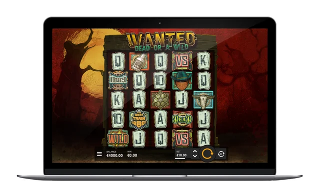 Wanted Dead or a Wildin ruudukko: VS-symbolit ja eri bonuspelien tunnukset tavallisten kuvioiden joukossa.
