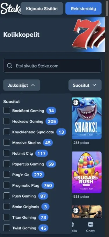 Staken kolikkopelien Julkaisijat-suodatin avattuna 390 pikselin mobiilinäkymässä.