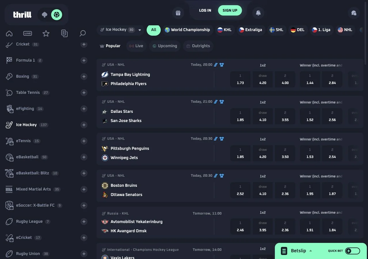Thrillin NHL-ottelulista, jossa 1X2 ja jatkoajan sisältävä voittajaveto ovat rinnakkain.