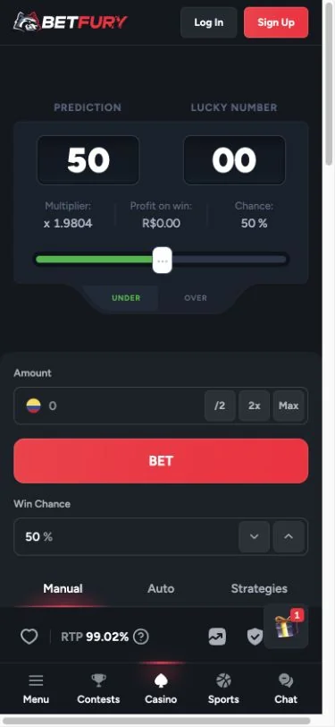 BetFuryn Dice puhelimella: Amount-panoskenttä, Win Chance ja erilliset Manual-, Auto- ja Strategies-tilat.