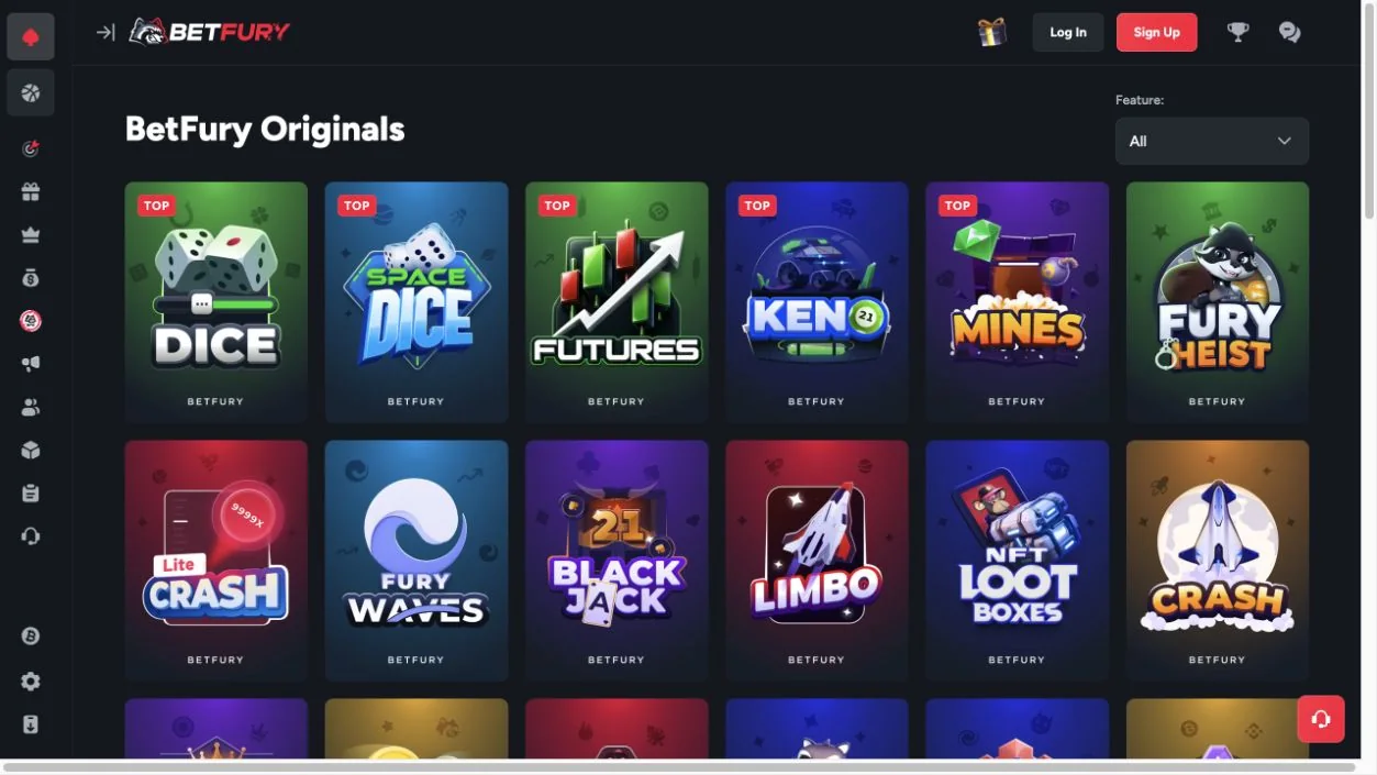 BetFuryn Originals-pelien Dice, Keno, Mines, Crash ja Blackjack omassa peliaulassaan.